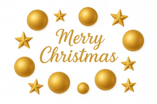 Golden merry christmas typography surrounded by shining festive baubles and stars, creating a joyful holiday design with a transparent background