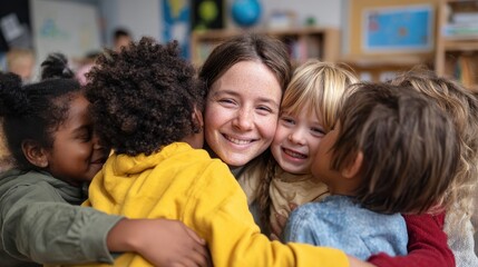 happy diverse kids multicultural junior school children students hugging embracing female teacher appreciating and thanking educator in classroom having fun celebrating back to school concept no logo