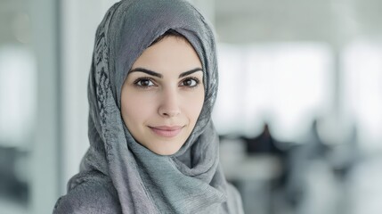 portrait of young muslim woman wearing hijab in office while looking at camera close up face of arabic business woman covered with headscarf smiling successful arab businesswoman in modern office no 