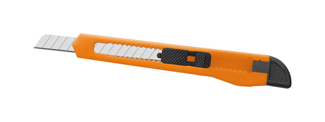 A bright Orange utility knife with black handle and retractable blade, designed for accurate cuts. Great for office or craft projects with safe and ergonomic design.