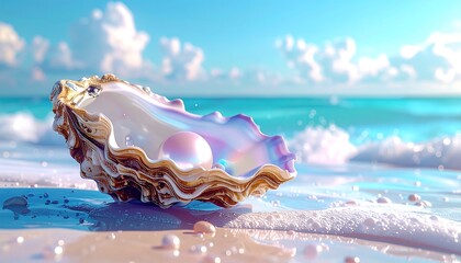 A pearl in a seashell on a beach
