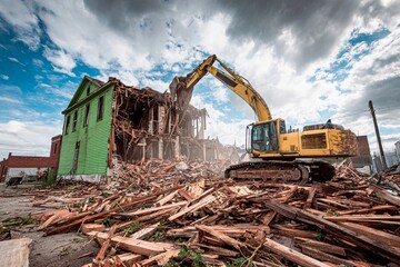 Fototapeta premium A yellow excavator demolishes a green building, sending debris flying in the air. The scene shows cloudy skies and an urban landscape in the background