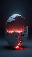 A cracked, spherical object with glowing, molten material, displaying a dramatic, abstract composition.