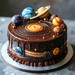 A chocolate cake decorated as the solar system