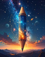 A pencil floats amidst a vibrant galaxy