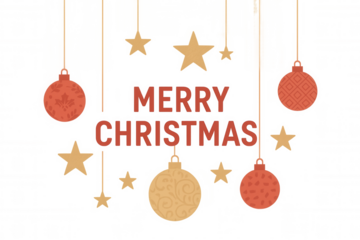 Festive merry christmas text surrounded by hanging ornaments and decorative stars, representing holiday cheer and celebration