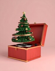 A Christmas tree, stylized as if floating on a record player, sits inside a vintage-style record box