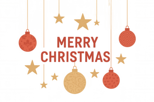 Festive merry christmas text surrounded by hanging ornaments and decorative stars, representing holiday cheer and celebration