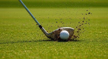 Golf club hitting white ball on green course. Dynamic shot with flying dirt. Sport game and competition activity.