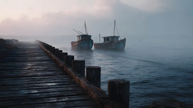Two weathered fishing boats are moored to a wooden pier on a misty calm sea during a quiet morning