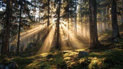Fototapeta premium forest scene with golden light rays piercing through the trees creating a magical ambiance