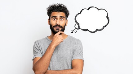 young arab indian hispanic man holding speech bubble over isolated white background serious face thinking about question very confused idea no logos no brands ar 169