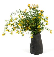 Handmade ceramic vase with a bouquet isolated on white background.