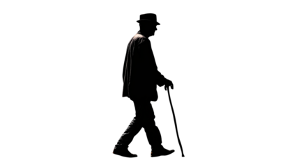 A man in a hat and coat is walking with a cane