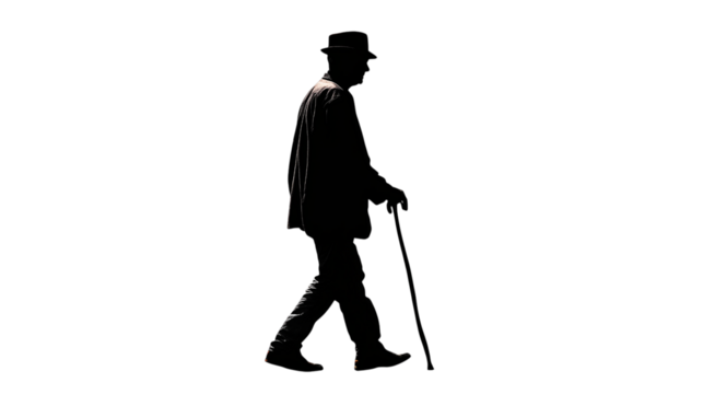 A man in a hat and coat is walking with a cane