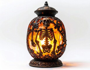 Glowing Skeleton Lamp with Intricate Details for Halloween on White Background