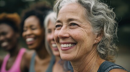 Fototapeta premium multiracial senior women having fun together after sport workout outdoor focus on left female face no logos no brands ar 169