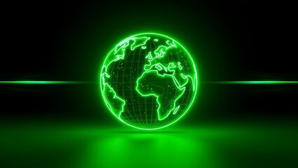 Glowing neon green digital earth globe with abstract circuit board pattern and dark background symbolizing global technology and connectivity