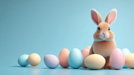 pastel easter eggs and bunny on blue background