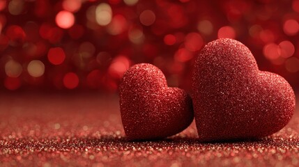 sparkling red heart decorations against a festive red glitter and bokeh background