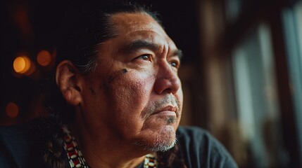 Close up of a native american man looking off into the distance with a serious expression on his face