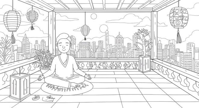 Man meditating on balcony overlooking cityscape, embodying tranquility and urban wellness