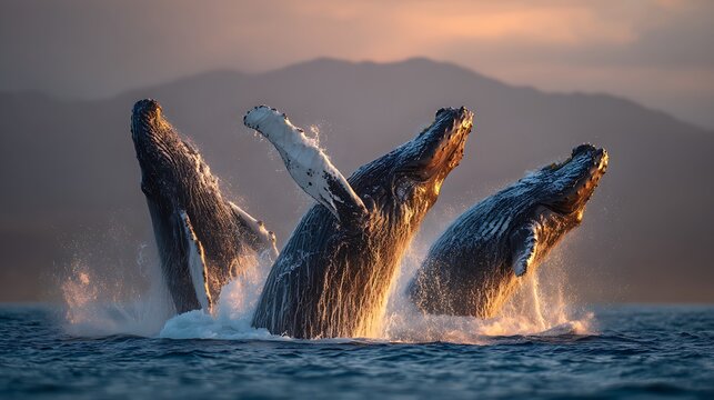 Three humpback whales breaching the ocean surface with mountains in the background at sunset