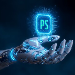 A futuristic robotic hand with metallic joints and glowing blue accents  and there is a glowing digital hologram with the Adobe Photoshop (Ps) logo embedded inside a stylized circuit board design