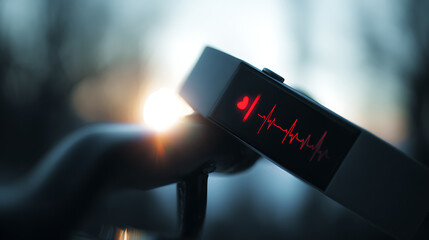 Close-up of a wearable device displaying a heart rate monitor with a pulsing heartbeat graphic against a blurred outdoor background.