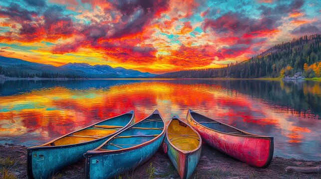 Colorful canoes on the shore of a lake in the mountains during a vibrant