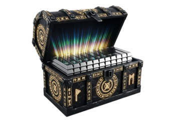 An ornate, dark treasure chest bursts open, revealing gleaming silver bars bathed in vibrant light.
