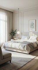 Fototapeta premium Serene Bedroom Interior: A bright, inviting bedroom interior design featuring a comfortable bed, soft natural light. The space exudes tranquility and warmth.