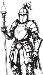 Fototapeta premium Medieval Knight in Shining Armor: A detailed illustration of a medieval knight, clad in shining armor and helmet, holding a staff with a torch, ready for a historical epic.