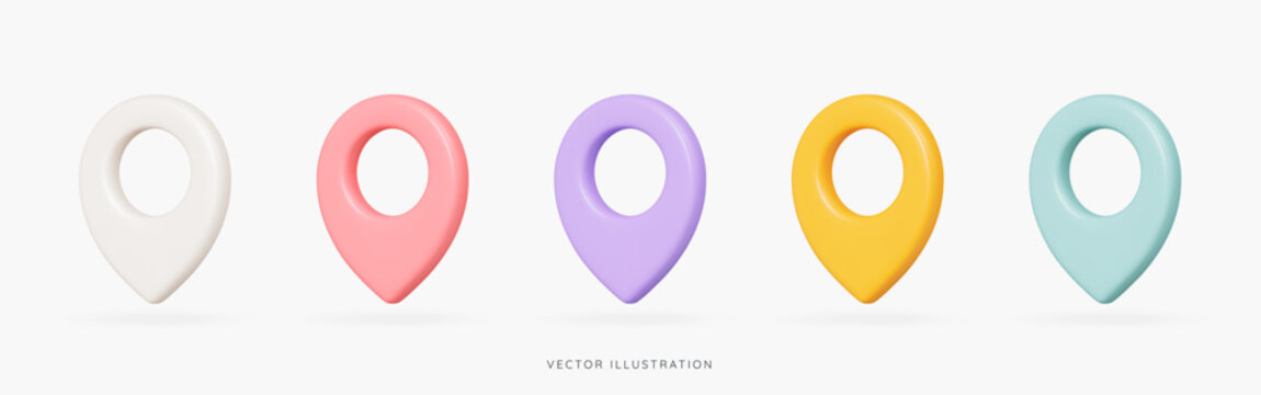 3D Pastel colours location pin icons with shadow. Navigation mark. Travel tag. Minimal elements for map, web and gps. Cartoon creative design icon set isolated on white. 3D Vector illustration