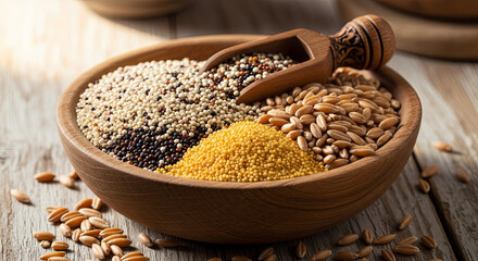 Wooden bowl brimming with nutritious grains and seeds for a healthy lifestyle, perfect for recipes and wellness content, eat well feel good