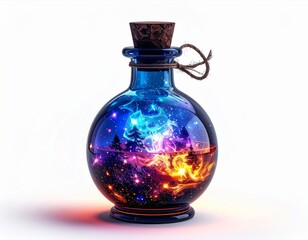 Magic Potion Bottle Filled with Galaxy Nebula on White Background