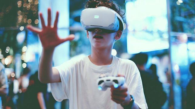 Person using virtual reality headset and controller in an indoor setting with ambient lighting