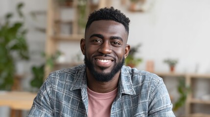 smiling cheerful young adult african american ethnicity man looking at camera standing at home office background happy confident black guy posing for headshot face front close up portrait no logos no