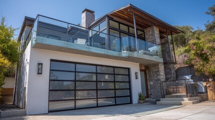 garage with glass door under balcony with glass railing in san diego california no logos no brands ar 169