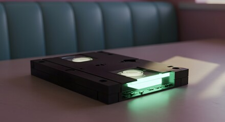 Vhs Tape Player with Green Light on Table in Modern Room