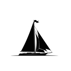 Black sailboat silhouette with sails and flag isolated on white background