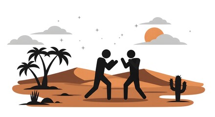 Desert Duel Silhouette Fighters Engage in a Scenic Fight Under the Sun with Palm Trees