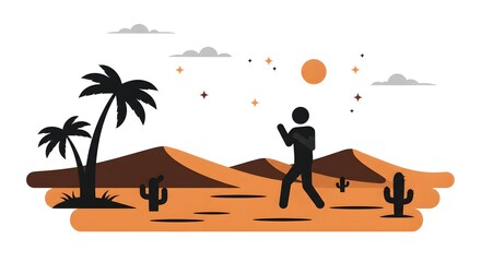 Desert Landscape with Person, Palm Trees, and Cacti A Vector Illustration for Travel and Adventure