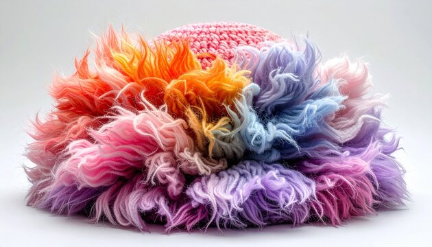 Vibrant Circular Fiber Art Sculpture with Multicolor Strands on White Backdrop