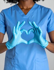 A person in a blue uniform makes a heart shape with their hands