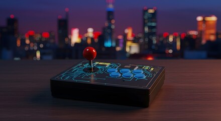 Futuristic Control Panel with Joystick and Circuitry on City Skyline Background