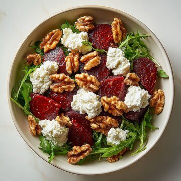 A fresh and delicious salad of beet, rocket, walnut, and cheese in a bowl. It's a vibrant and healthy meal. top view, white background