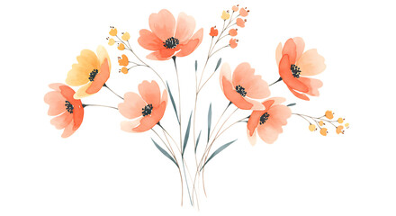 Delicate watercolor painting of a bouquet of soft peach colored flowers isolated on white background