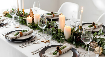 Christmas table setting, new year festive dining indoors in a luxury restaurant, christmas decorations, banquet, candles and lights, elegant table layout with fir tree branches and berries.