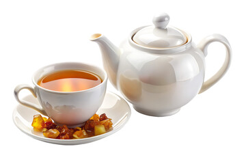 White Teapot and Cup with Amber Candies on Saucer call graphic isolated on a transparent background